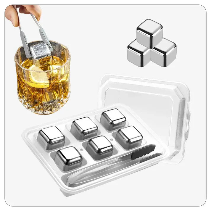 Reusable 6pcs Stainless Steel Ice Cube Set With Tong