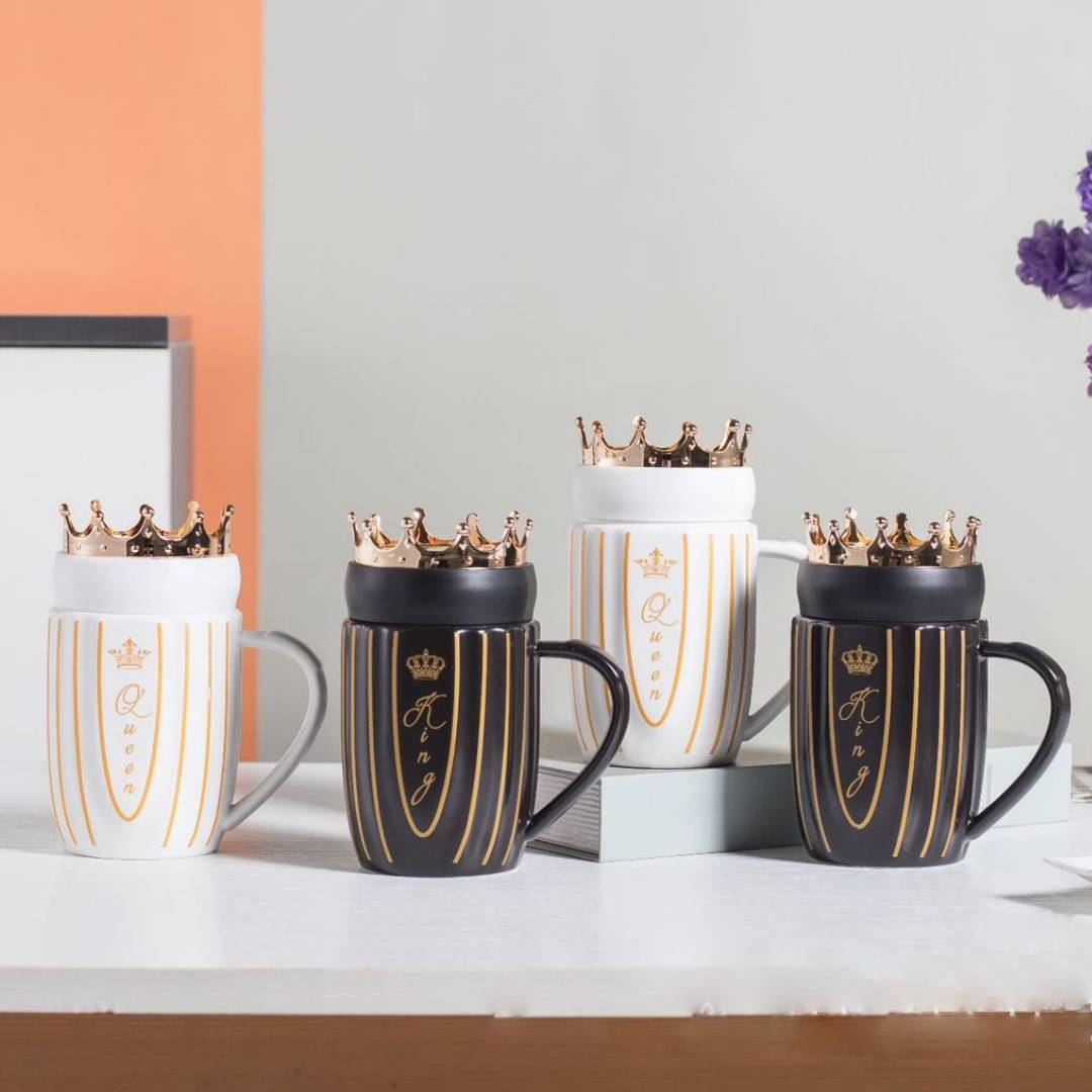Ceramic Couple Mug Queen Or King With Crown Lid