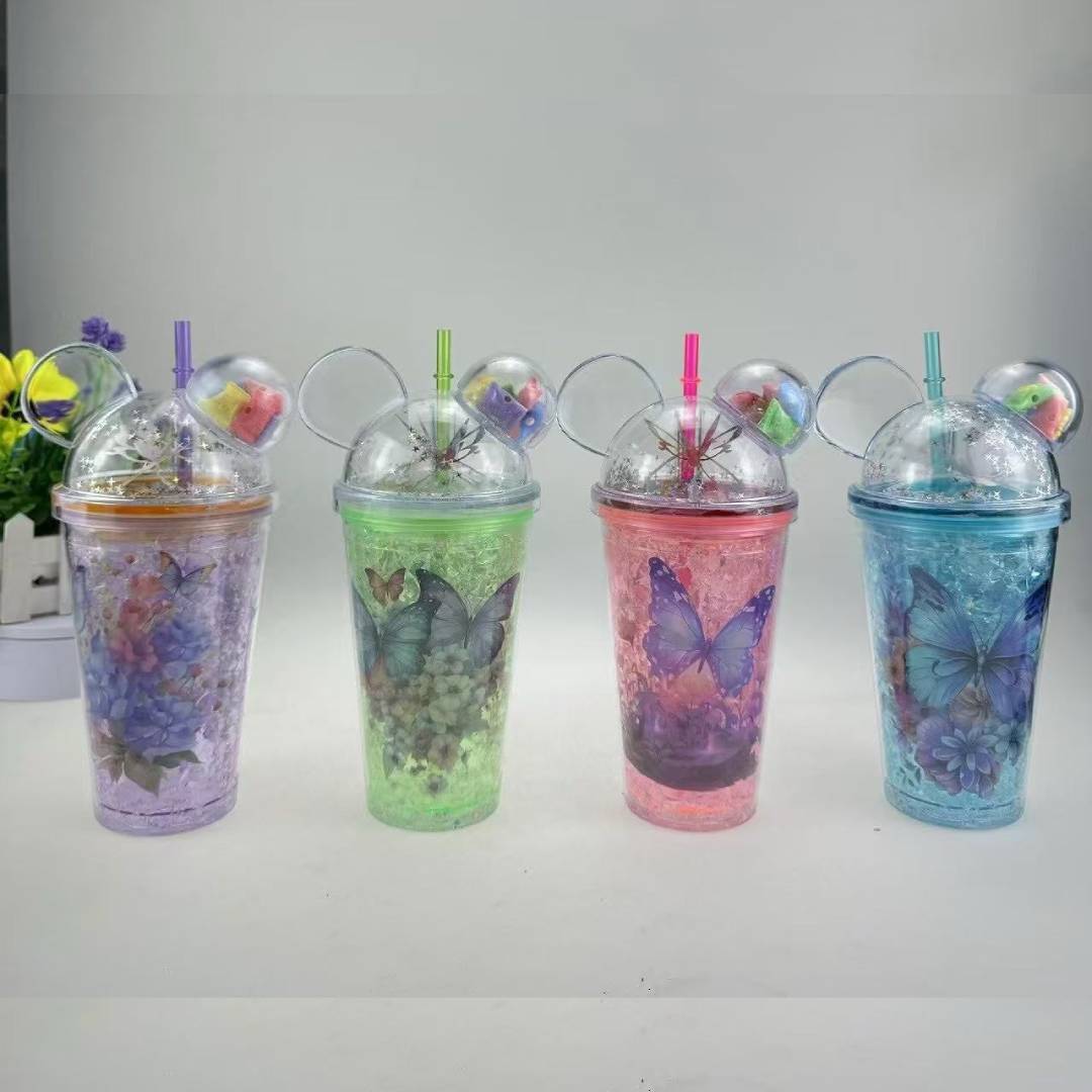 Cute Mickey Shape Lid Butterfly Print Drinking Water Sipper Cup For Kids