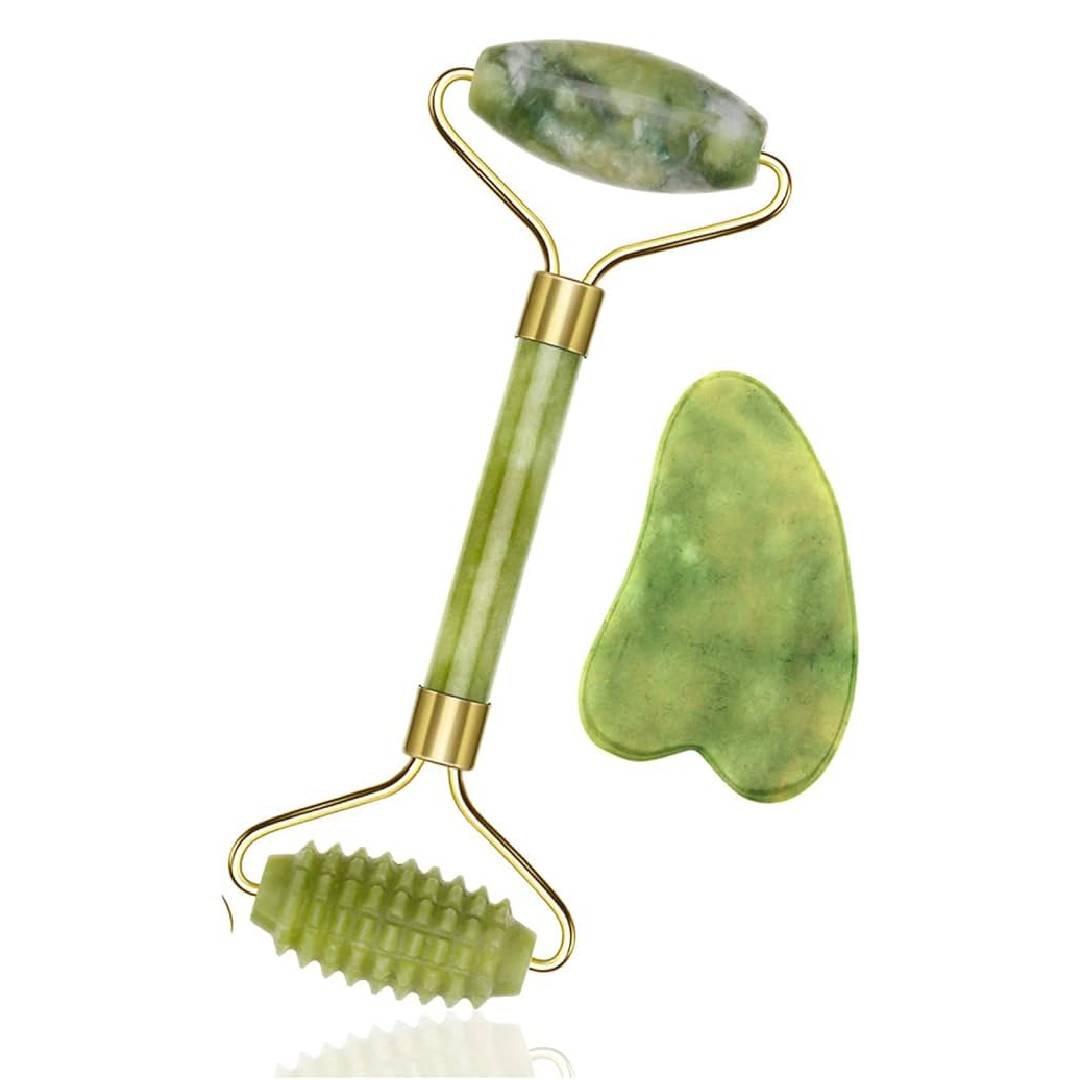 Double Thorn Jade Roller Facial Massage Gua Sha Stone 2in1 Set (Premium Quality)