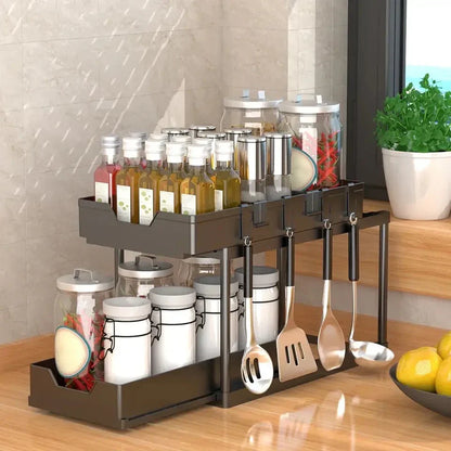 Multifunction Double Layer Kitchen Storage Rack Sliding Seasoning Shelf