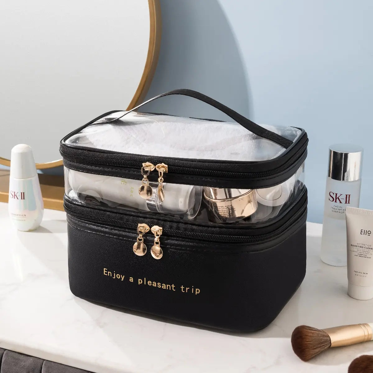 Multifunctional Double Zip 2 Layer Cosmetic Pouch Makeup Bag Organizer