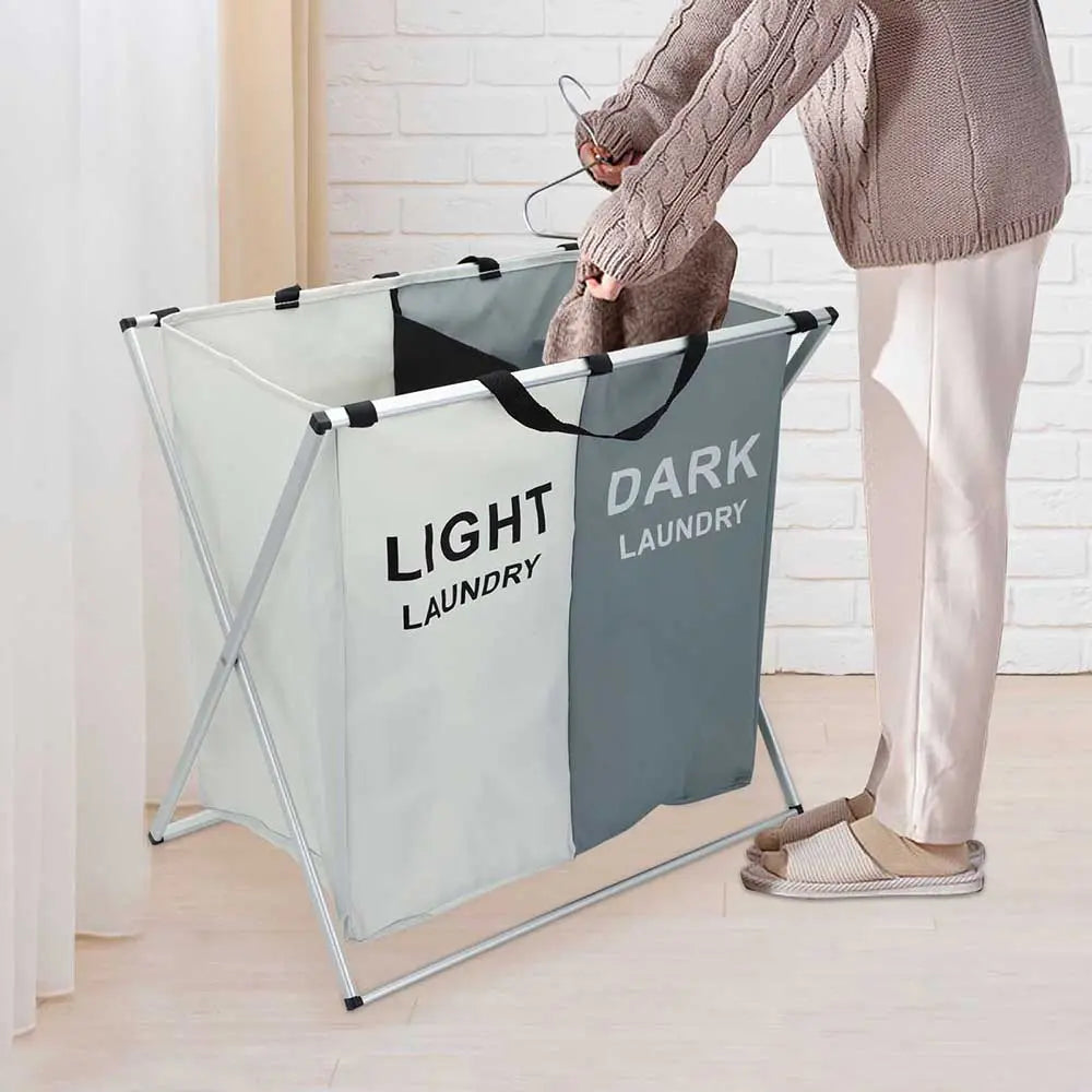 2 Portion Laundry Storage Basket Foldable Metal Rode Holder Stand