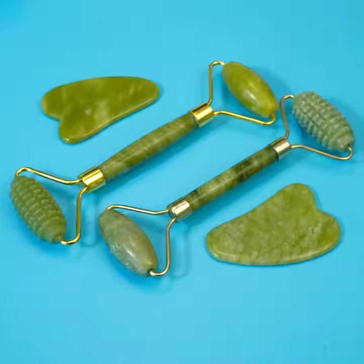 Double Thorn Jade Roller Facial Massage Gua Sha Stone 2in1 Set (Premium Quality)