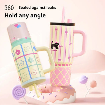 Stainless Steel New 3D Printed Tumbler Mug Vacuum Thermos With Straw Handle Water Bottle 1200ml