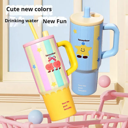 Stainless Steel New 3D Printed Tumbler Mug Vacuum Thermos With Straw Handle Water Bottle 1200ml