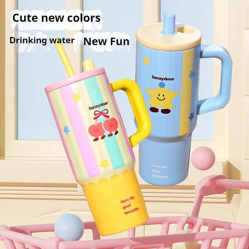 Stainless Steel New 3D Printed Tumbler Mug Vacuum Thermos With Straw Handle Water Bottle 1200ml