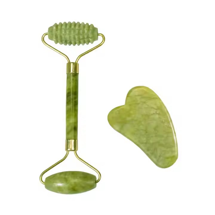 Double Thorn Jade Roller Facial Massage Gua Sha Stone 2in1 Set (Premium Quality)