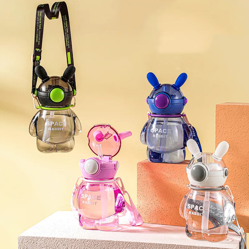 Cute Space Rabbit Design Water Bottle With Straw