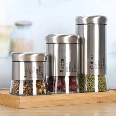 Multipurpose Glass Airtight Container Jar With Stainless Steel Lid 3Pcs Set in Different Sizes Set