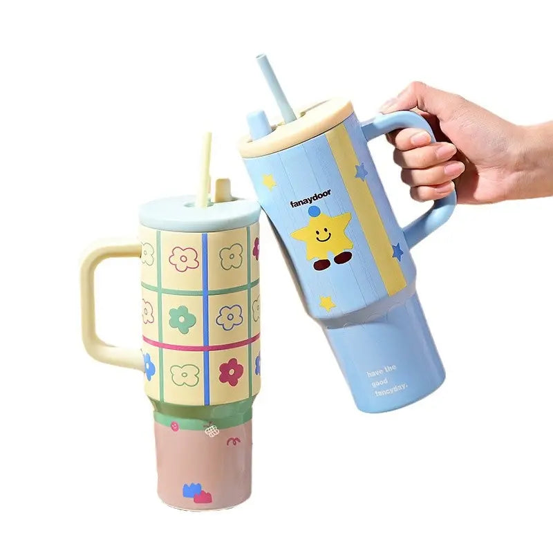 Stainless Steel New 3D Printed Tumbler Mug Vacuum Thermos With Straw Handle Water Bottle 1200ml