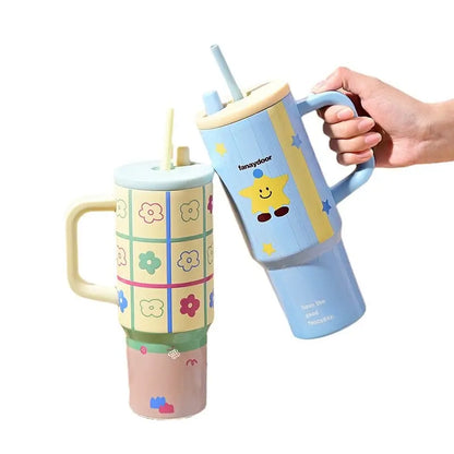 Stainless Steel New 3D Printed Tumbler Mug Vacuum Thermos With Straw Handle Water Bottle 1200ml