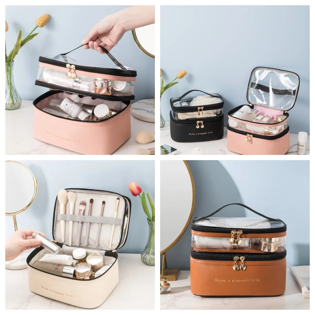 Multifunctional Double Zip 2 Layer Cosmetic Pouch Makeup Bag Organizer