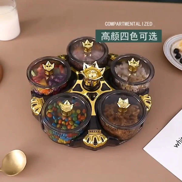 Multipurpose Acrylic Crown Snack Tray 5 Mini Compartment Crown 360 Rotating Dry Fruit Tray Snacks Storage Plate (Box Packaging)