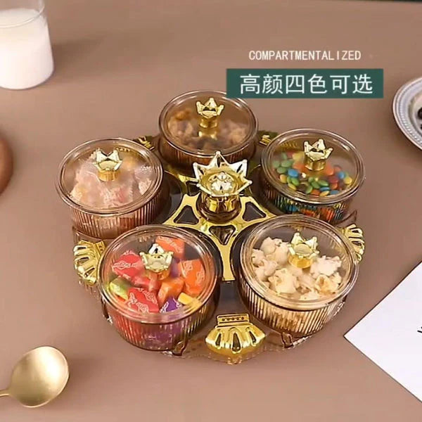 Multipurpose Acrylic Crown Snack Tray 5 Mini Compartment Crown 360 Rotating Dry Fruit Tray Snacks Storage Plate (Box Packaging)