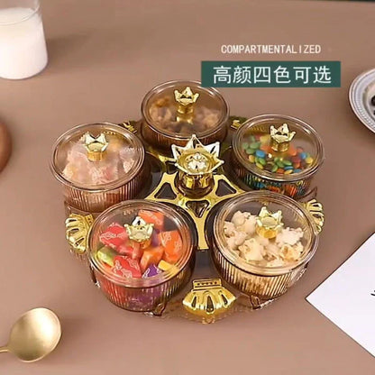 Multipurpose Acrylic Crown Snack Tray 5 Mini Compartment Crown 360 Rotating Dry Fruit Tray Snacks Storage Plate (Box Packaging)