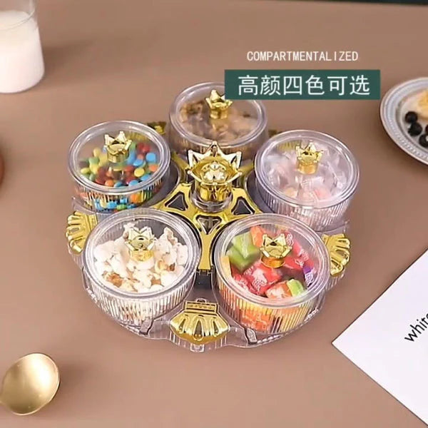 Multipurpose Acrylic Crown Snack Tray 5 Mini Compartment Crown 360 Rotating Dry Fruit Tray Snacks Storage Plate (Box Packaging)