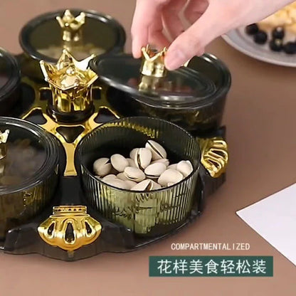 Multipurpose Acrylic Crown Snack Tray 5 Mini Compartment Crown 360 Rotating Dry Fruit Tray Snacks Storage Plate (Box Packaging)
