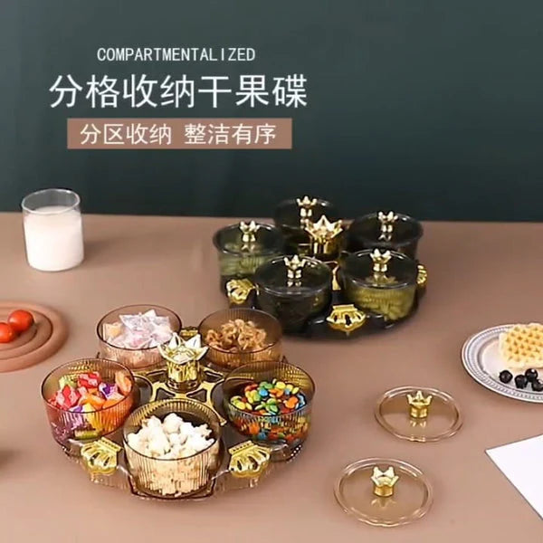 Multipurpose Acrylic Crown Snack Tray 5 Mini Compartment Crown 360 Rotating Dry Fruit Tray Snacks Storage Plate (Box Packaging)