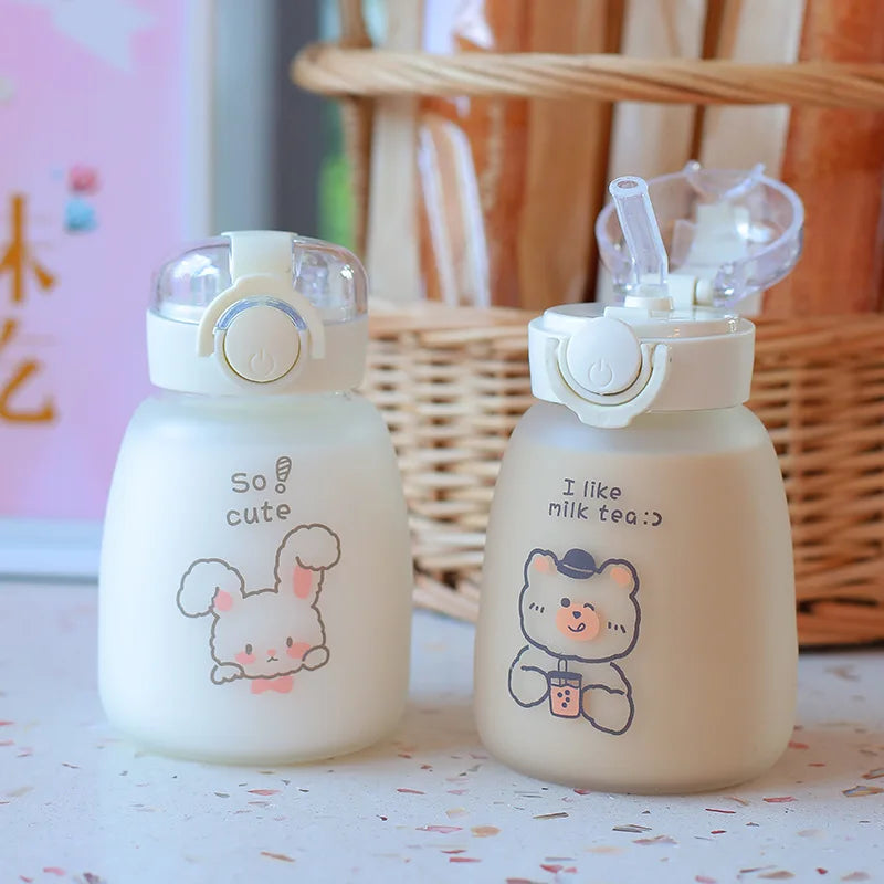 Kids Cartoon Glass Water Bottle Mug Animal School Drinking Water Straw Cup Gravity Ball Straw Thermos Bottle