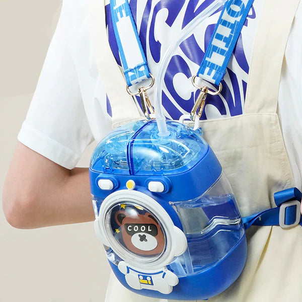 Cute Blue Bear Backpack Style Aesthetic Leakproof Drinking Water Bottle With Strap and Straw 1000ml