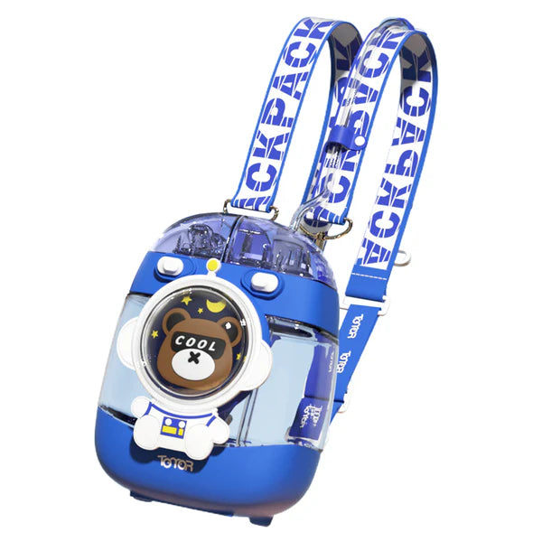 Cute Blue Bear Backpack Style Aesthetic Leakproof Drinking Water Bottle With Strap and Straw 1000ml