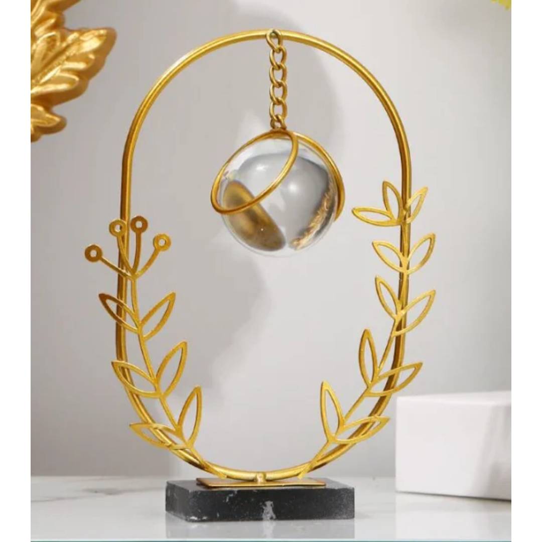 Leaf Metal Ornament With Crystal Ball Oval Design For Table Decor
