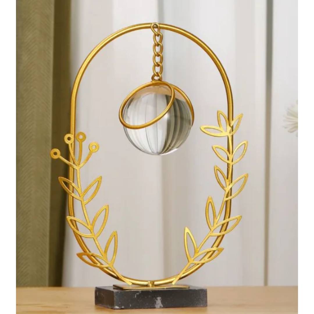 Leaf Metal Ornament With Crystal Ball Oval Design For Table Decor
