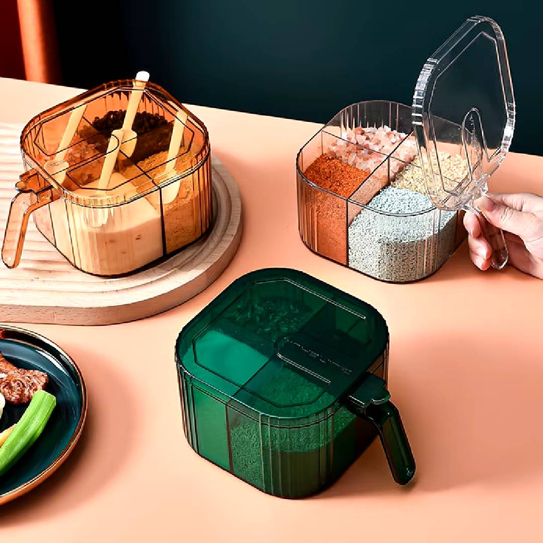Multifunctional Acrylic 4 Grid Spice Storage Spice Seasoning Container With Lid And Handle