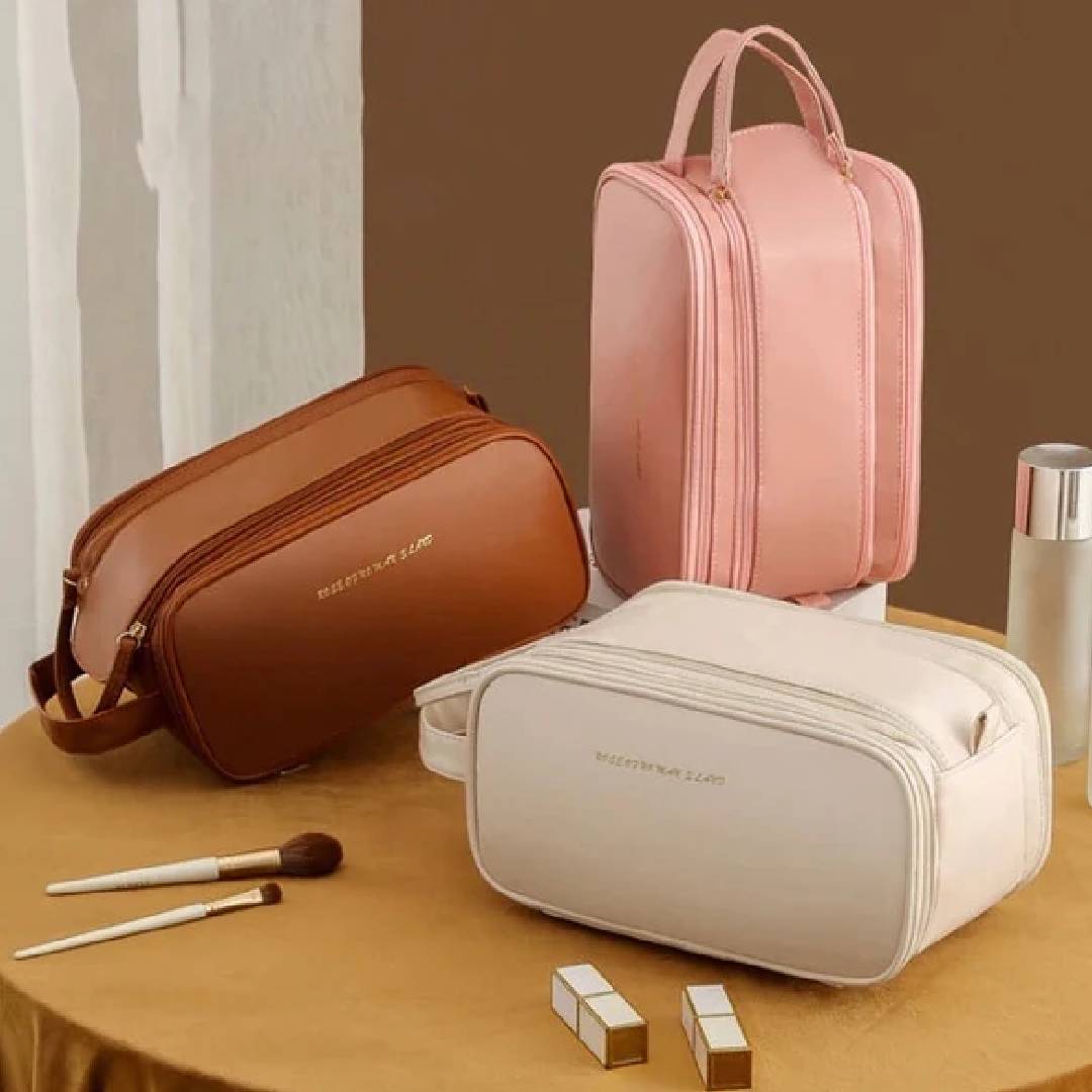 Multifunctional Luxury PU Leather 3 Layer  Double Zipper With Handle Makeup Cosmetic Bag Storage Organizer