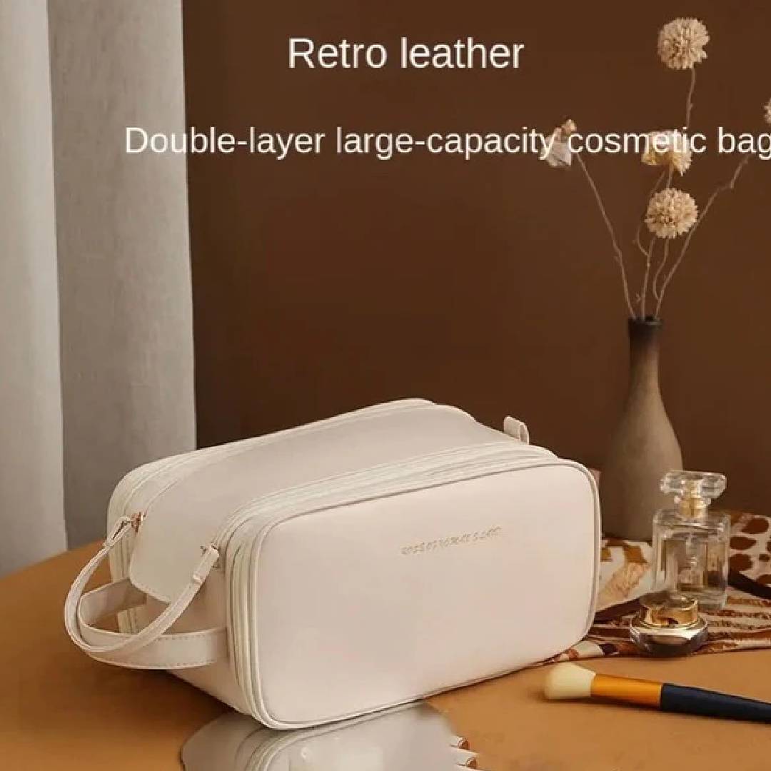 Multifunctional Luxury PU Leather 3 Layer  Double Zipper With Handle Makeup Cosmetic Bag Storage Organizer