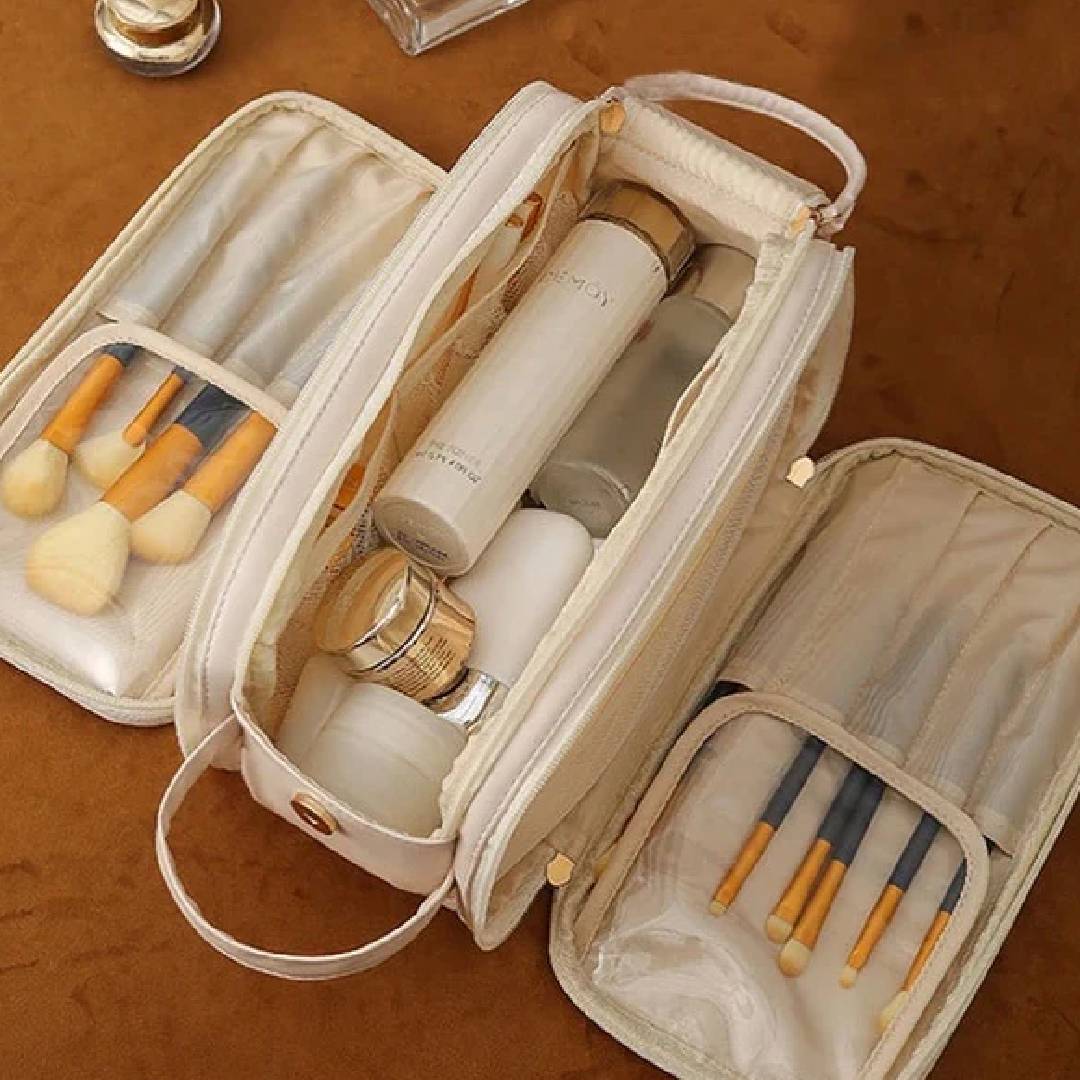 Multifunctional Luxury PU Leather 3 Layer  Double Zipper With Handle Makeup Cosmetic Bag Storage Organizer