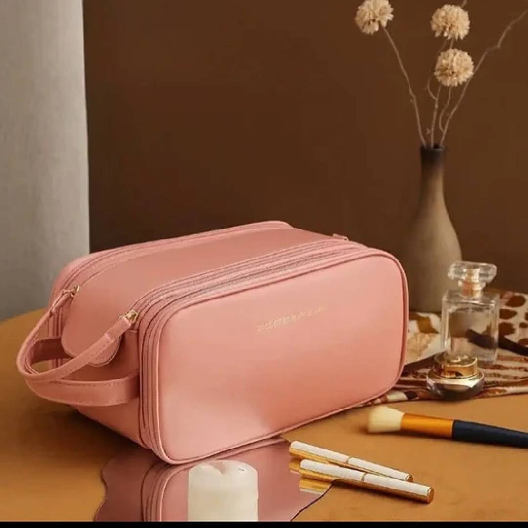 Multifunctional Luxury PU Leather 3 Layer  Double Zipper With Handle Makeup Cosmetic Bag Storage Organizer