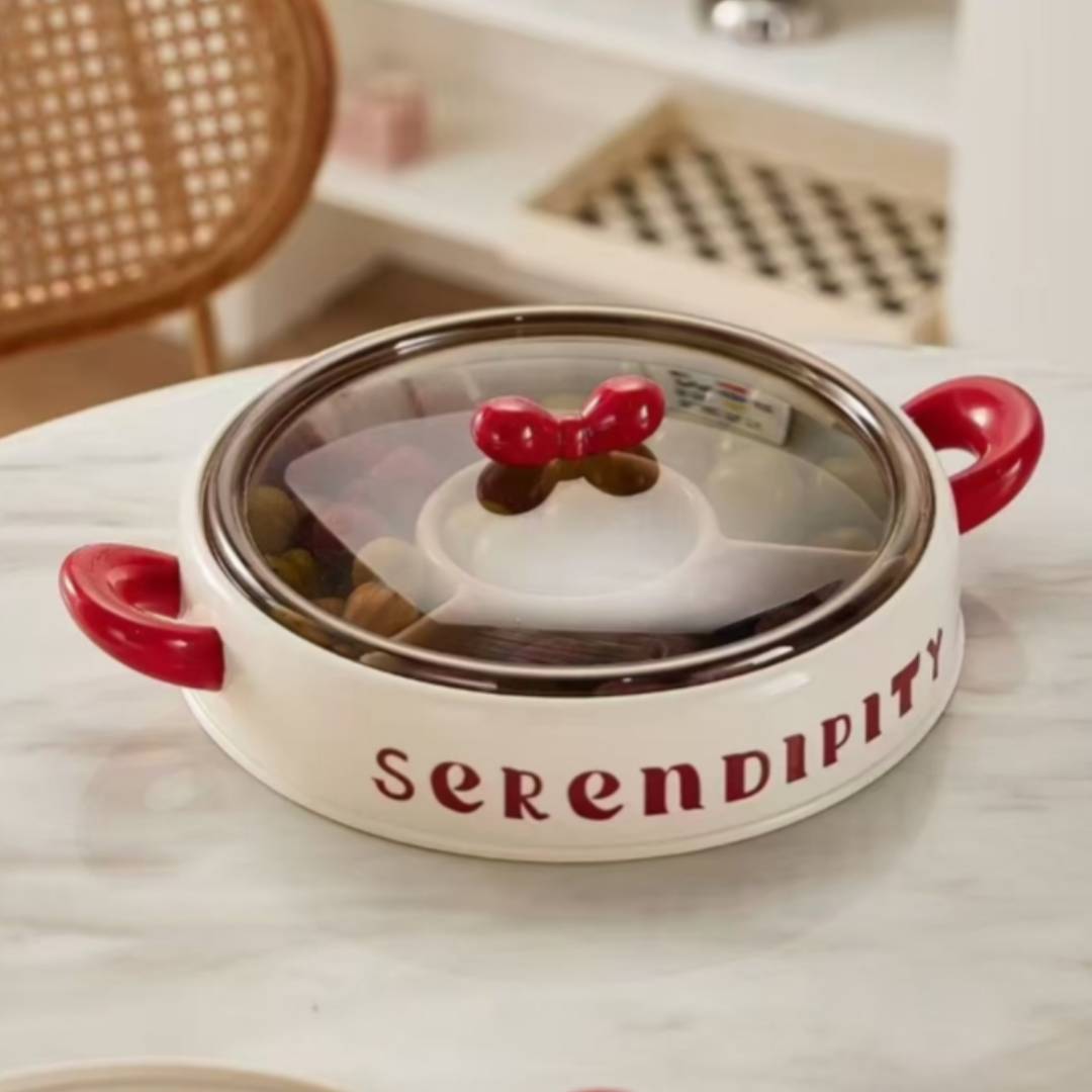 Multipurpose 4 Grid Dry Fruit Storage Box With Lid And Bow Knot Handle