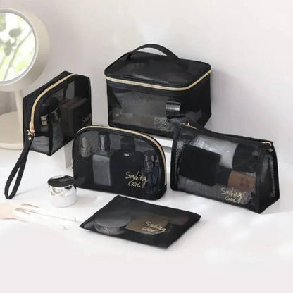 Multipurpose Smiling Girl Black Mesh Zipper Makeup Bag Cosmetic Pouch Travel Organizer 6 Pcs Set