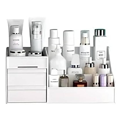 Multipurpose White Aesthetic Makeup Storage Box Countertop Desktop Vanity Organizer With 2 Drawer And Multiple Compartments