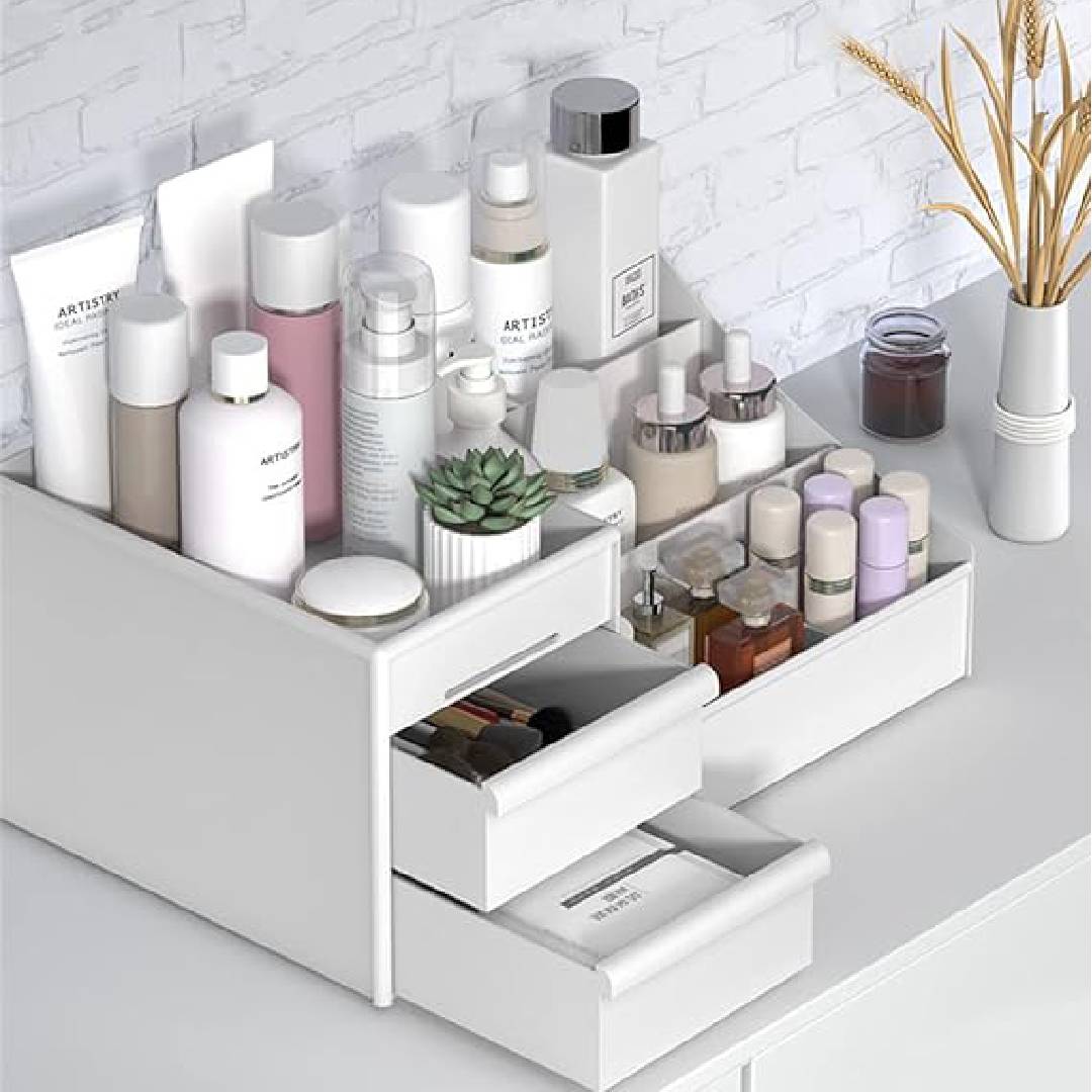 Multipurpose White Aesthetic Makeup Storage Box Countertop Desktop Vanity Organizer With 2 Drawer And Multiple Compartments