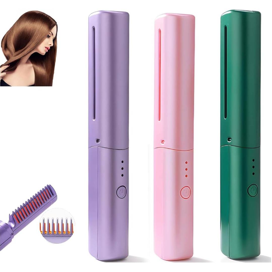 Mini 2in1 Professional Wireless Rechargeable Hair Straightener Curler Comb