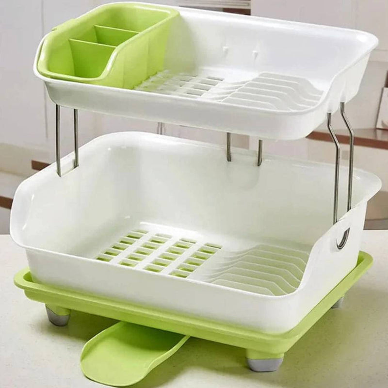 Multipurpose Double Layer Kitchen Drain Dishes Storage Rack With Large Plastic Basket With Tray Kitchen Utensils Organizer