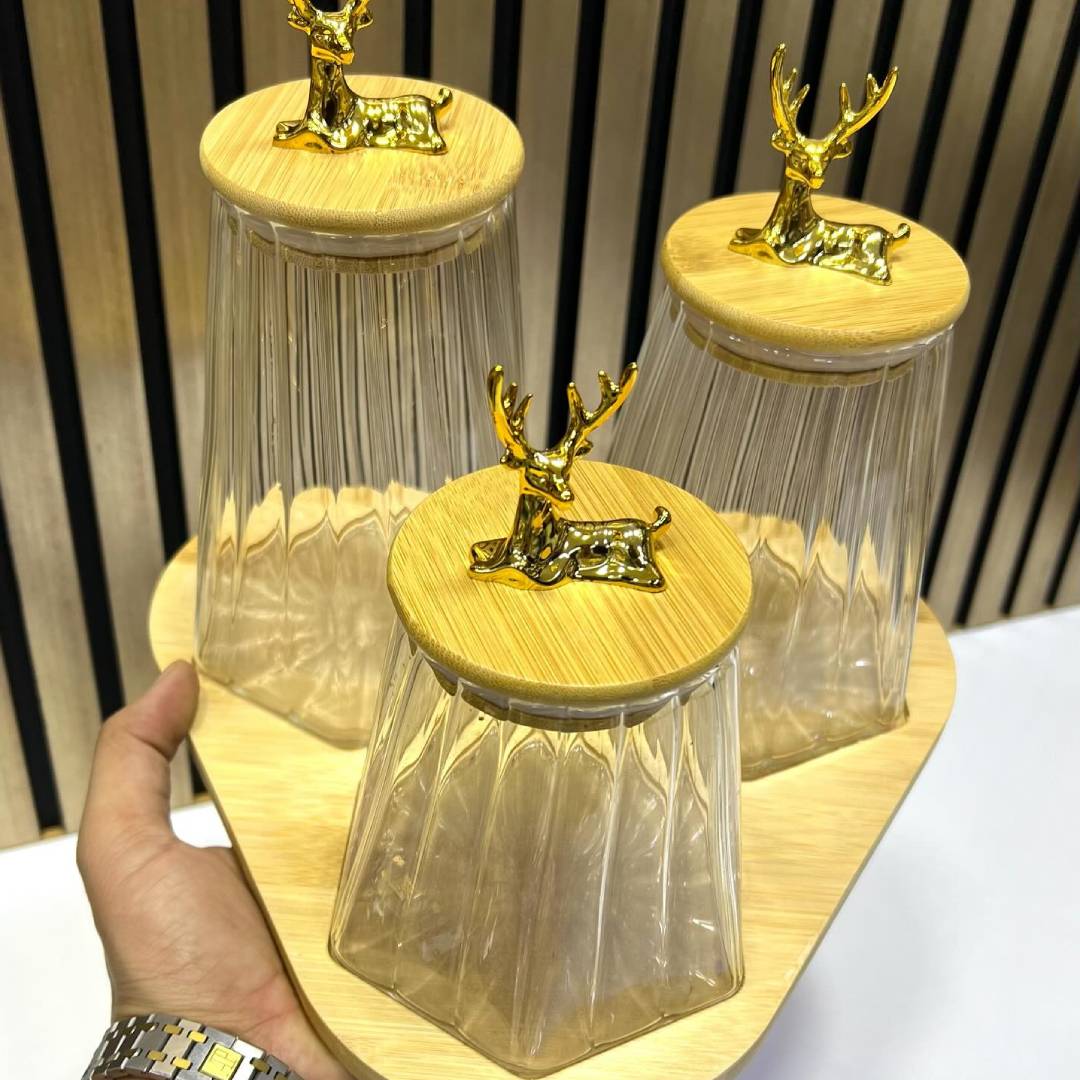 Multipurpose Stylish Gold Deer Head Borosilicate Storage Jar 3Pcs Set With Wood Stand
