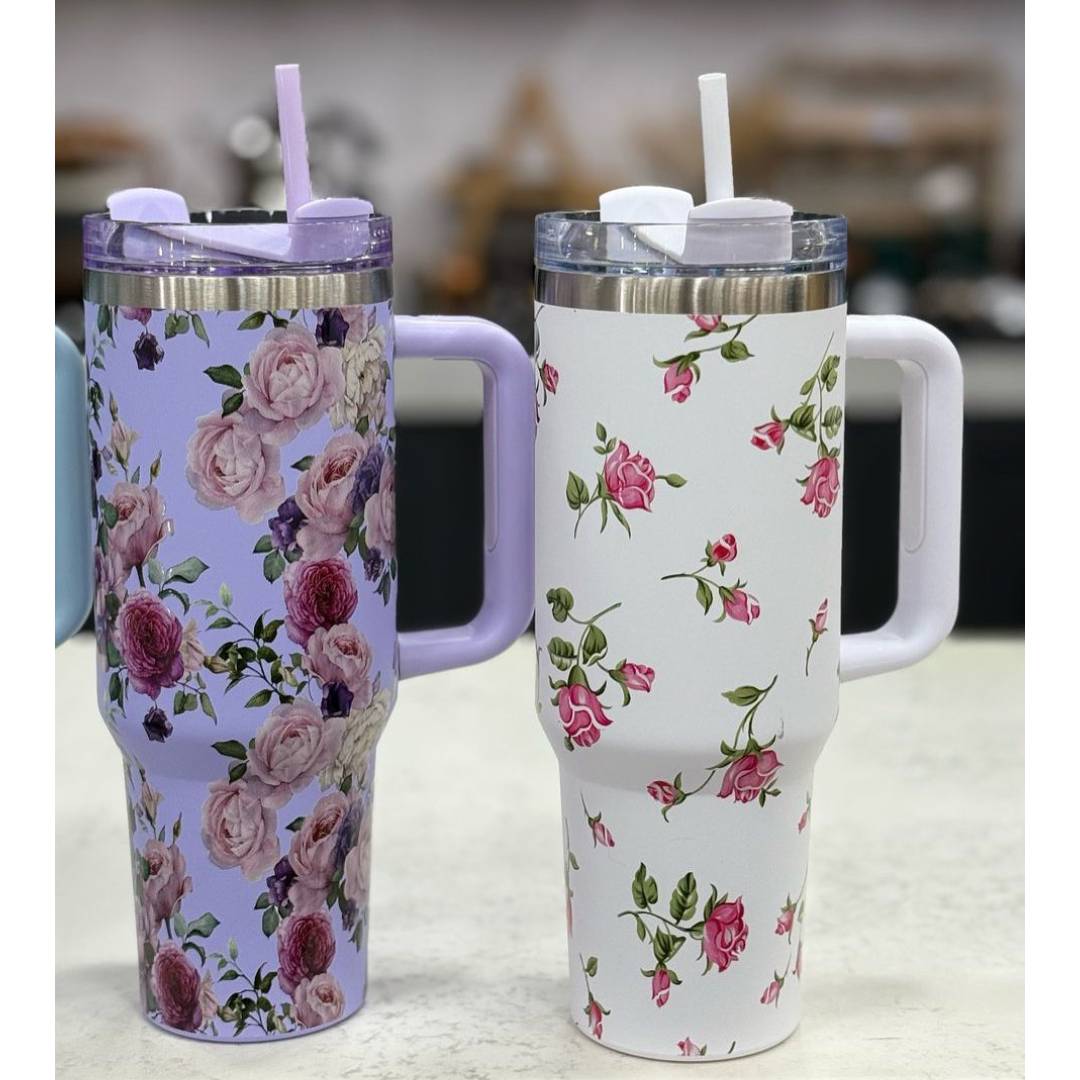 Stainless Steel Flower Print Vacuum Insulated Tumbler With Lid And Straw