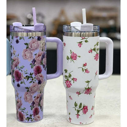 Stainless Steel Flower Print Vacuum Insulated Tumbler With Lid And Straw