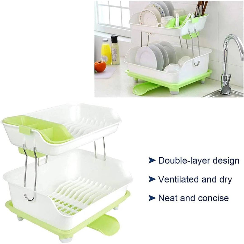 Multipurpose Double Layer Kitchen Drain Dishes Storage Rack With Large Plastic Basket With Tray Kitchen Utensils Organizer