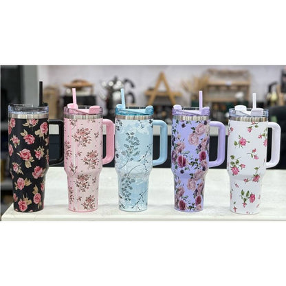 Stainless Steel Flower Print Vacuum Insulated Tumbler With Lid And Straw