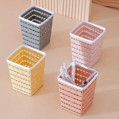 Multifunction Classic Basket Pen Organizer Square Type Rattan Plastic Pen Holder Pack of 2