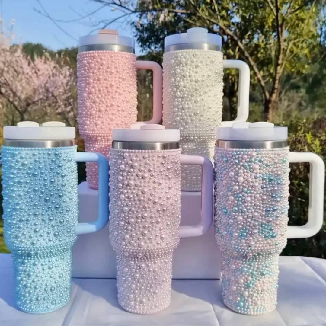 40oz Stainless Steel Pearls Rhinestone Tumbler With Handle 1200ml