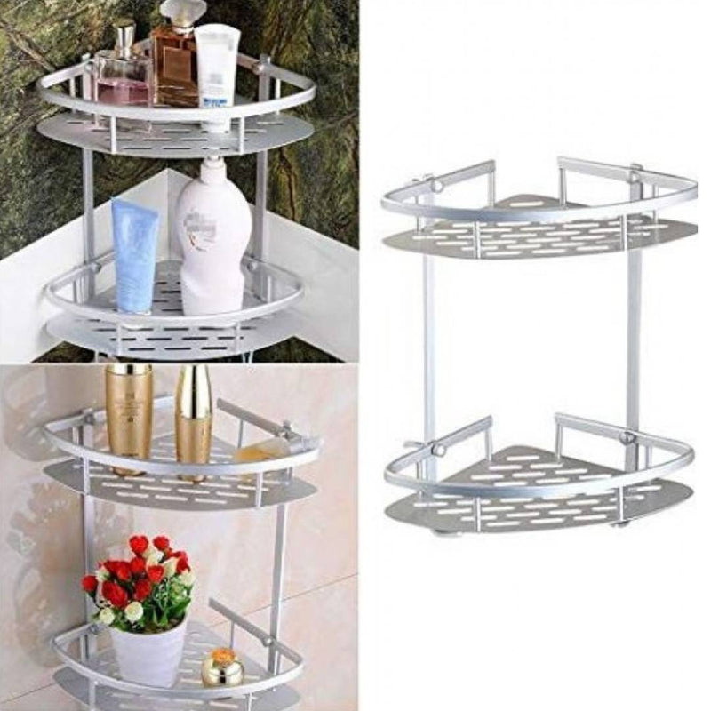 2 Layer Aluminum Wall Mounted Bathroom Corner Shelf Rack Organizer