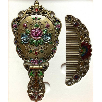 Compact Vintage Foldable Hand Mirror and Comb Set