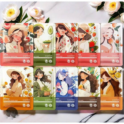 SADOER Facial Mask Anime Girl Fruit Mask Sheet Mask 10Pcs Set