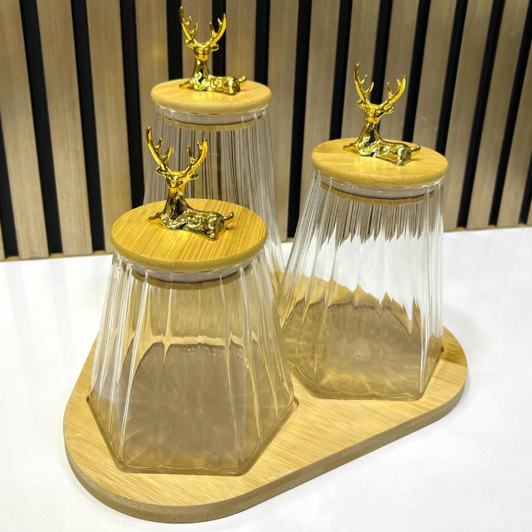 Multipurpose Stylish Gold Deer Head Borosilicate Storage Jar 3Pcs Set With Wood Stand